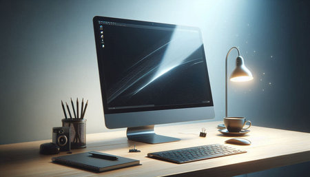 Modern workspace with computer, supplies and lamp. 3D Rendering