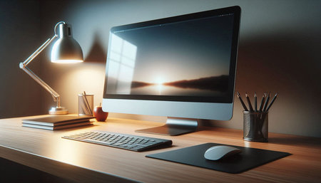Modern designer desktop with computer, lamp and other items. 3D Rendering