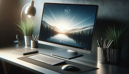 Creative designer desktop with computer, stationery and flare effect. 3D Rendering