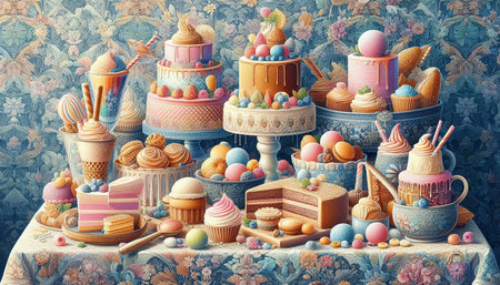 Easter table with sweets and cupcakes. 3D illustration.