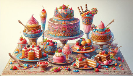 Colorful cakes and sweets on the table in the vintage style.
