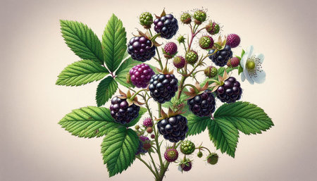 Bouquet of blackberries with leaves on a light background.