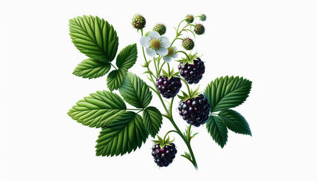 Branch of blackberry with leaves and flowers isolated on white background