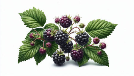 Blackberries with green leaves isolated on a white background. Close-up.
