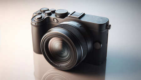 Digital SLR camera on a reflective surface. Shallow depth of field.