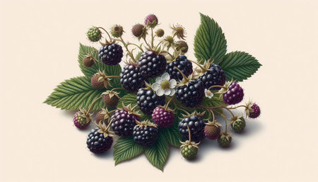 Blackberries with leaves and flowers on a white background. Toned.
