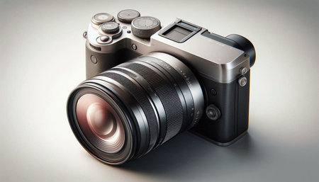 Digital SLR camera on a gray background. 3d illustration.