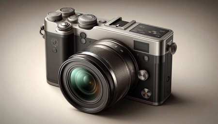Digital camera on a gray background. 3d rendering. Computer digital drawing.