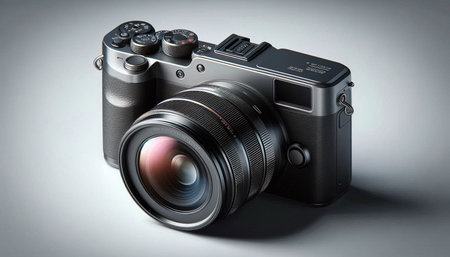 Digital SLR camera on a gray background. 3d illustration.