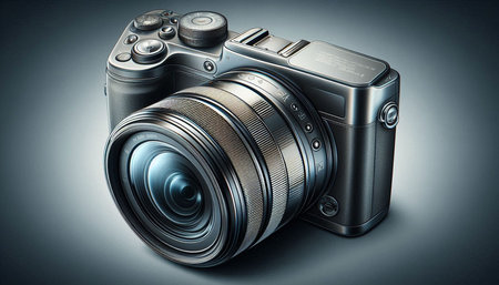 Digital SLR camera on a gray background. 3d illustration.
