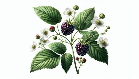 Blackberry branch with flowers and leaves isolated on white background. Vector illustration.