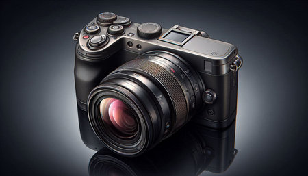 Digital SLR camera with reflection on black background, front view.