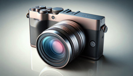 Digital camera with lens on a gray background. 3d illustration.