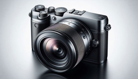 Digital SLR camera on a gray background. 3d illustration.