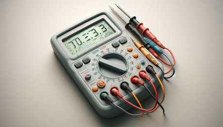 Electronic multimeter with multimeter probes on a white background.