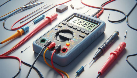Electronic multimeter with probes and soldering iron on white background