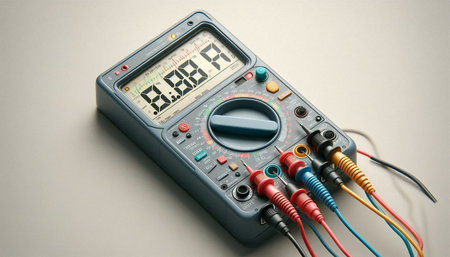 Electronic multimeter on gray background with copy space for text.