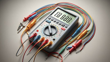 Digital multimeter with multicolor wires on gray background, closeup
