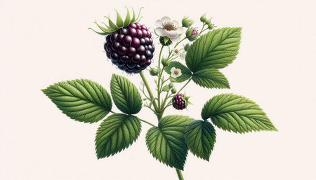 Branch of blackberry with leaves and flowers on a white background