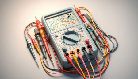 Electrical multimeter with multimeter wires on a white background.