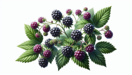Blackberries with green leaves isolated on white background, clipping path included