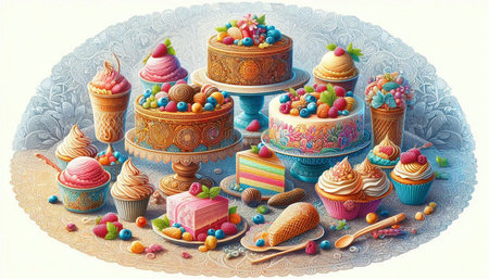 Cupcakes with candies on a white background. Vintage style.