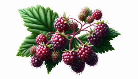 Blackberries with leaves isolated on white background. 3d illustration.