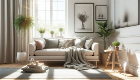Living room interior with sofa, coffee table and plants, 3d render
