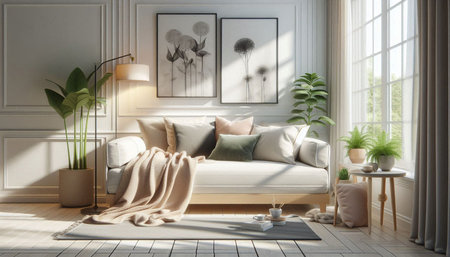 Living room interior with sofa, plant and lamp. 3d render