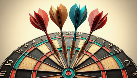 Darts arrows in the center of dartboard, 3d illustration