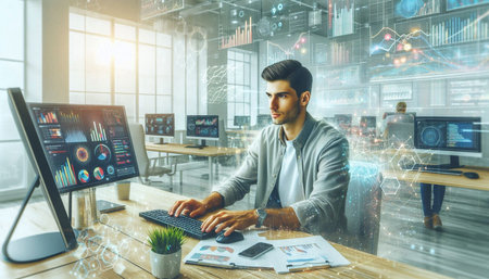 Portrait of handsome young businessman using computer in modern office. Toned image double exposure