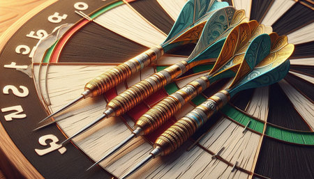 Darts arrows on dartboard. 3D illustration. Vintage style.