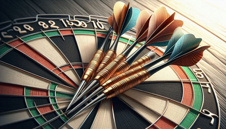 Darts in the target center. 3d illustration. Business concept.