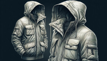 Men's winter jacket on a dark background. 3d illustration.