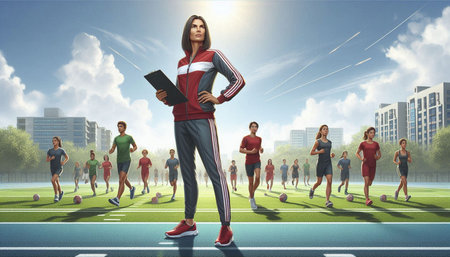 Sportswoman with clipboard standing on stadium track. 3D rendering