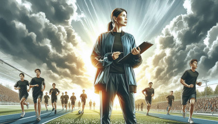 Running woman in sportswear with tablet in hands. Mixed media