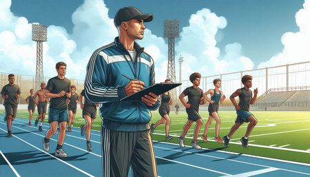 Running man in sportswear on stadium track. 3D rendering