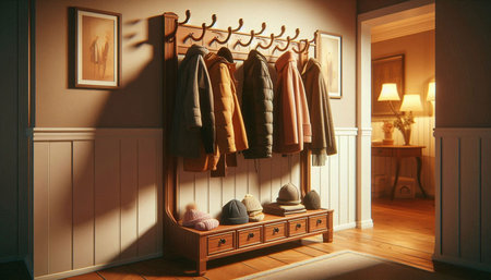 Vintage wardrobe with clothes on hangers. 3D rendering.
