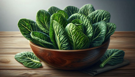 Bowl with fresh spinach leaves on wooden table. Healthy food concept