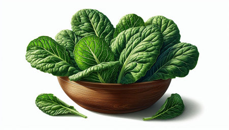 Bowl of spinach leaves isolated on white background. Vector illustration.