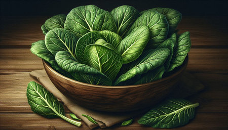 Bowl of fresh green chinese cabbage leaves on wooden background.