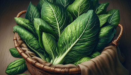Basket of fresh green chard leaves on wooden table, closeup
