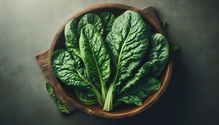 Bowl with fresh green spinach leaves on dark background, top view