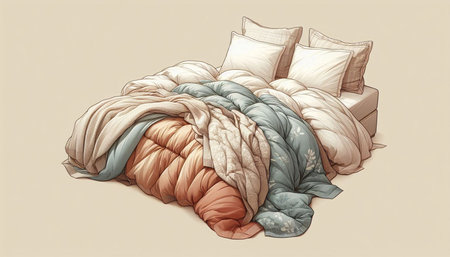 Vector hand drawn illustration of a bed with soft pillows and blankets.