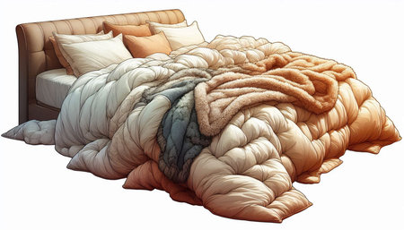 3d render of a double bed with pillows and a blanket