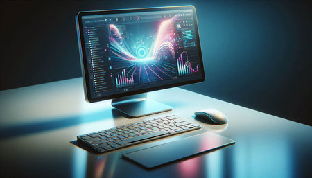 Computer screen with forex chart and mouse on table. 3D rendering