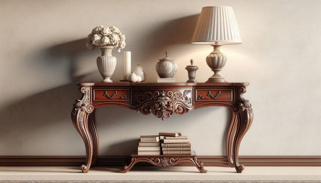 Vintage table with lamp and vase on the wall. 3d rendering