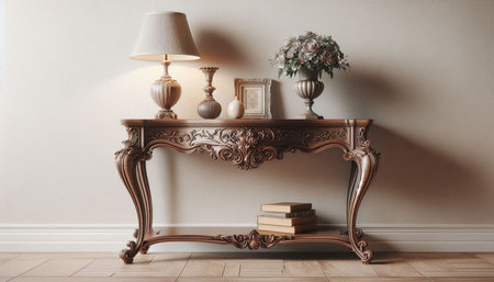 Vintage chest of drawers with books and table lamp in room