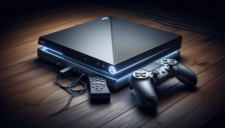 Video game controller and computer on wooden table. 3d illustration.