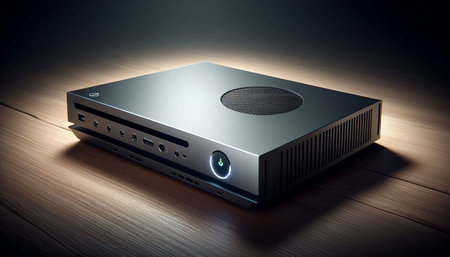 Router on the wooden table, dark background. 3d rendering